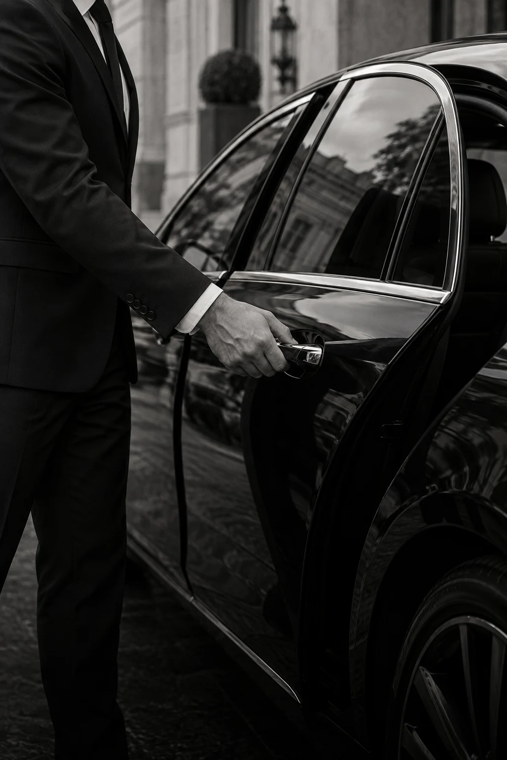 Chauffeur de terno abrindo a porta traseira de um sedã preto